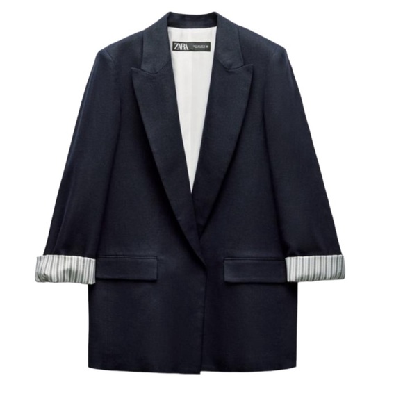 ZARA LINEN BLEND ROLL UP SLEEVE OPEN FRONT BLAZER BLACK SIZE L - Picture 2 of 8